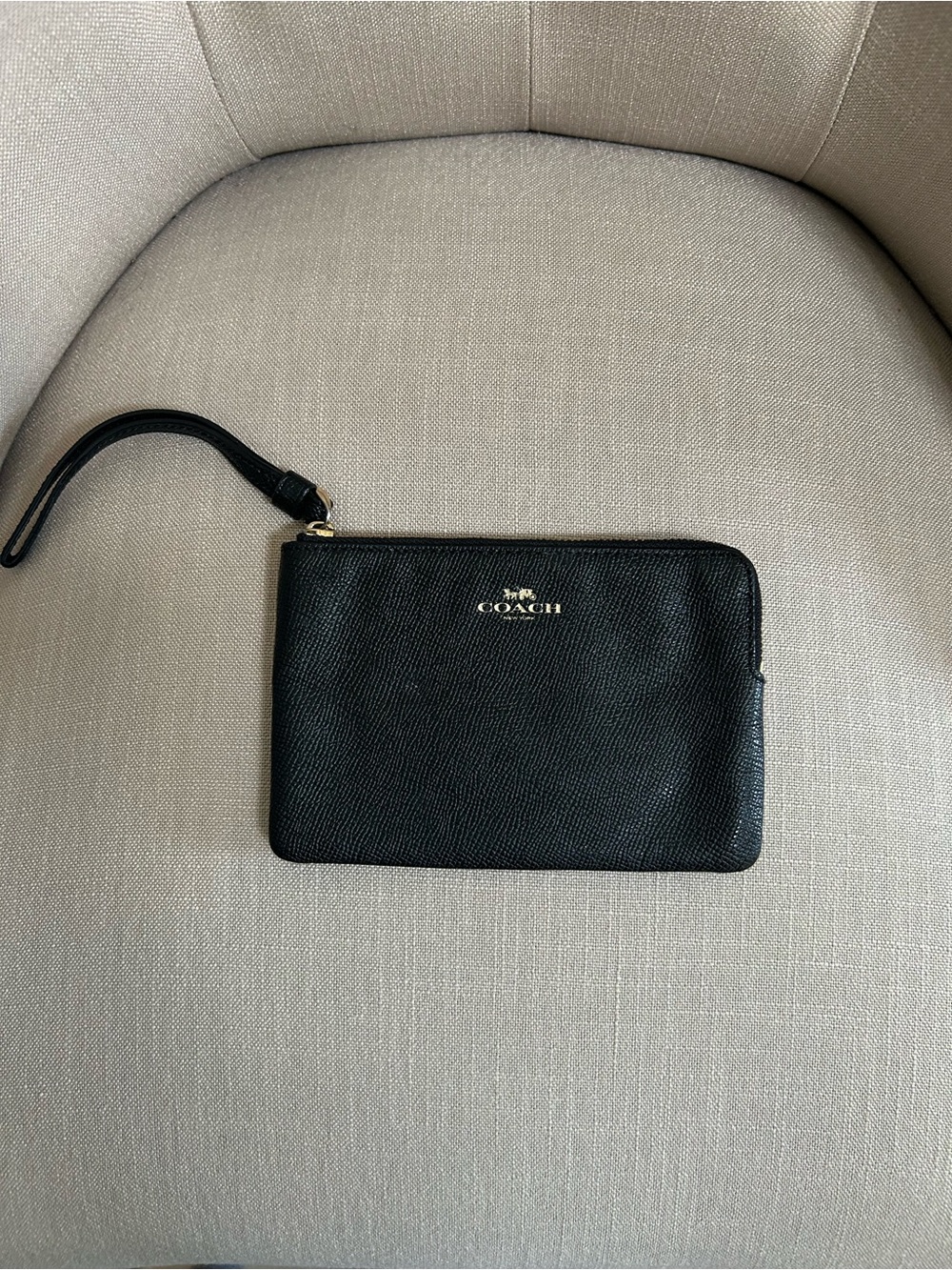 Coach Black Pebbled Leather Zip Wristlet with Gold Logo